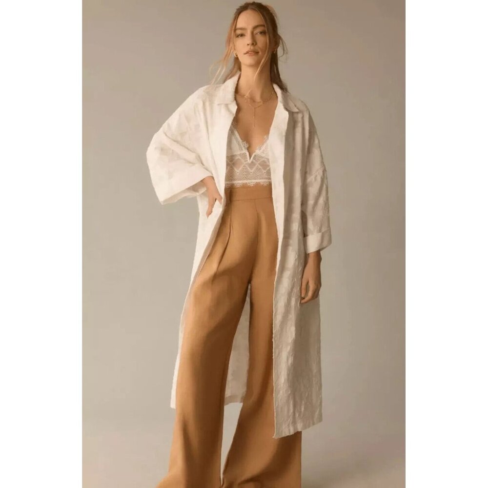 Anthropologie Womens Textured Collared‎ Kimono Duster Open Front White One Size